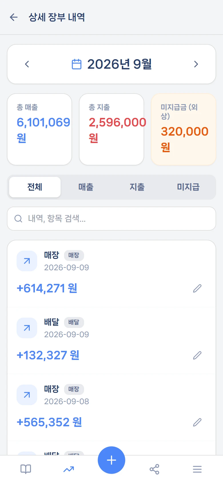 상세 장부 내역 — 한 달치를 목록으로