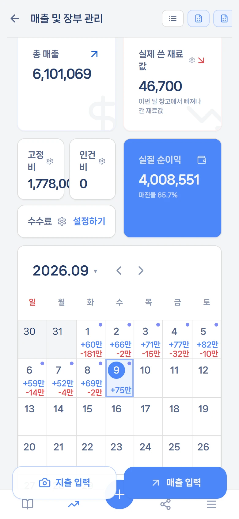 매출 및 장부 관리 — 위 카드 넉 장과 달력, 오른쪽 입력 칸