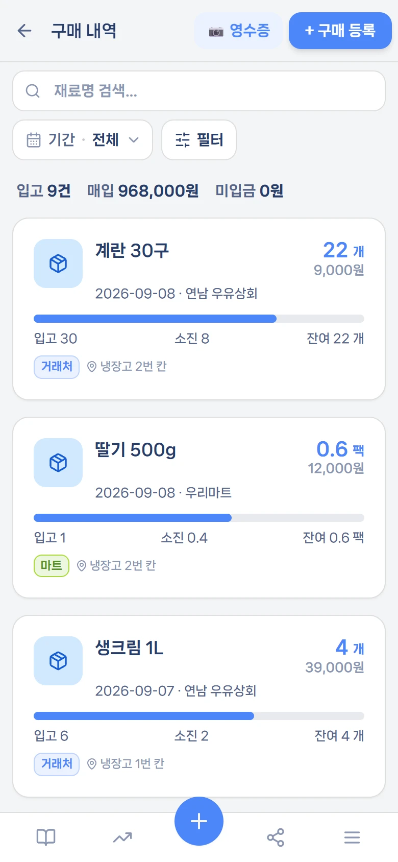 구매 내역 — 입고와 외상 입금 상태